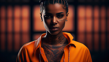 african prisoner in orange robe, fictional character, ai generated - obrazy, fototapety, plakaty