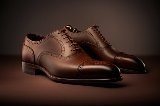 Elegant brown leather shoes for men on brown background. Photo studio style. Ai generative