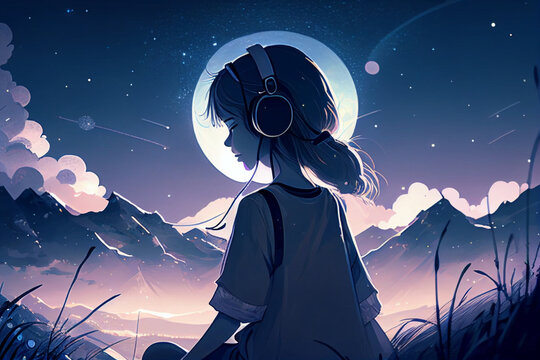 Lofi style. Teenage girl with headphones. Ethereal night, full moon, stars, mountains. Dark blue. Positive vibes. Relaxing atmosphere. Manga. Anime. Cartoon. Generative AI.
