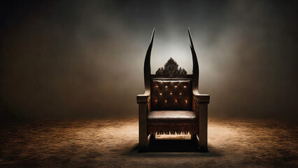 Fototapeta na wymiar royal chair made of dark brown leather and wood with some carvings and two horns on it in a dark room with a dark background with backlight, generative AI