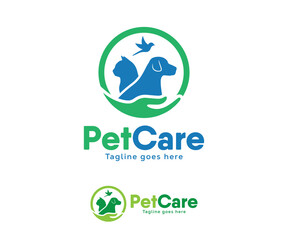 Pet care logo design. Animal care logo design. Dog, Cat, Bird, and Hand symbols