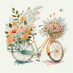 Fototapeta na wymiar Cute Watercolor Bike with Flowers Illustrated Generative AI