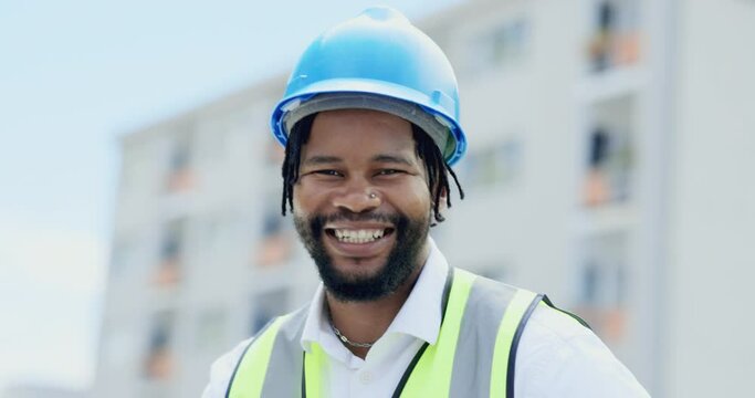 Black man, architect and face with safety helmet in the city for construction or building site. Portrait of happy African male contractor with hard hat smiling for industrial work on rooftop in town