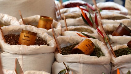 sacks of spices and herbs in their bags ready to be put in the oven