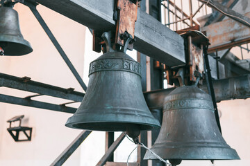 Vintage church bells on the church close-up. Close-up view of metal orthodox church bells