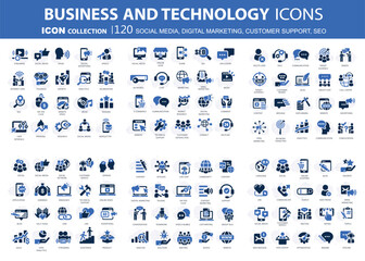 120 Business, data analytics, organization management icons. Social media, digital marketing, customer support and seo icon set. Vector icon collection