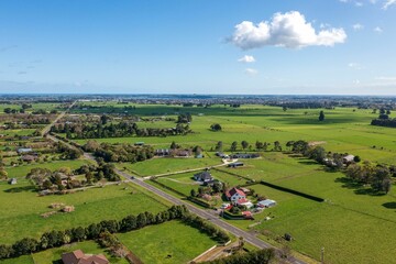 Fototapeta na wymiar Rural land and farms to the east of Levin in Horowhenua in New Zealand, near Gladstone Road