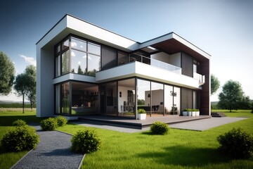 Fototapeta na wymiar Ultra modern house, luxurious with green lawn and trees. Generative AI