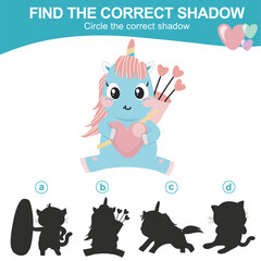 Obraz na płótnie Canvas Find the correct shadow. Matching shadow game for children. Worksheet for kid. Educational printable worksheet. Vector illustration.