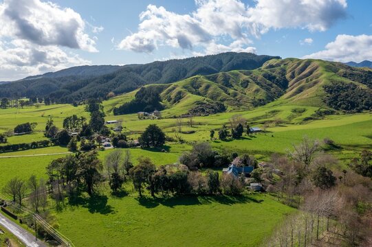 Fototapeta Aerial view of foothills to the Tararua Ranges near Levin in Horowhenua in New Zealand
