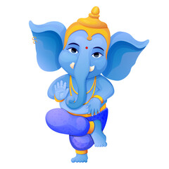Little cute Ganesh, religious traditional god elephant blue color in cartoon character isolated on white background.