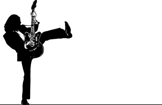 Artistic Expression: Sketching a Guitar Player in Motion with Line Drawing. The Art of Music and Movement: Depicting a Silhouette of a Man Dancing with a Guitar