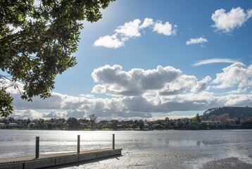 Scenic view of the Panmure Basin surrounded by the breathtaking nature of New Zealand