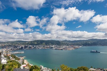 Fototapeta premium Drone view of the Wellington harbor on a sunny day