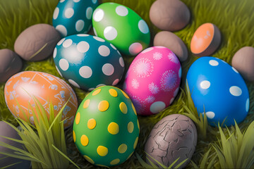 Fototapeta na wymiar Celebrate Easter in style using this background of colorful Easter eggs on a lush green lawn