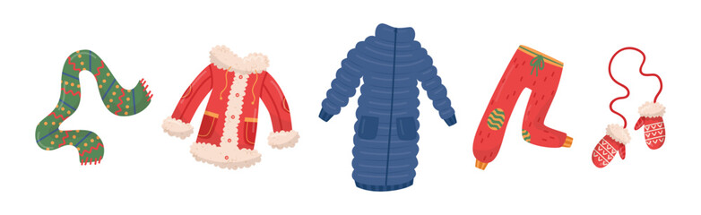 Winter Knitted Clothes with Coat, Pants, Scarf and Mittens Vector Set