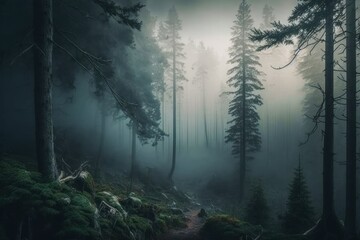 Fototapeta premium Moody Foggy Forest Landscape