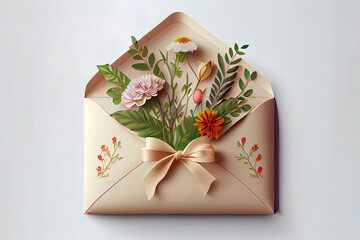 Envelope with flowers and ribbon on white background, realistic. Generative Ai