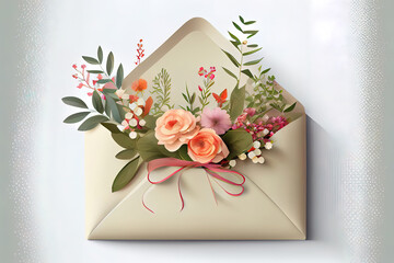 Envelope with flowers and ribbon on white background, realistic. Generative Ai