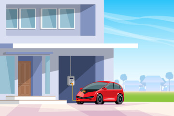 Electric car on home charging station. Installation of charging stations in houses. Direction for using clean energy. vector illustration