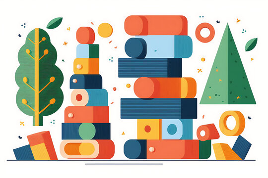 Flat vector illustration Cropped image of building tower with wooden blocks and playing with montessori toys.  