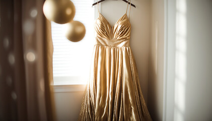 Elegant evening, prom dress on hanger. Generative AI