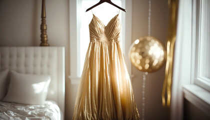 Fototapeta premium Elegant evening, prom dress on hanger. Generative AI