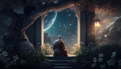 a monk meditating in a garden with a galaxy above generative AI - obrazy, fototapety, plakaty