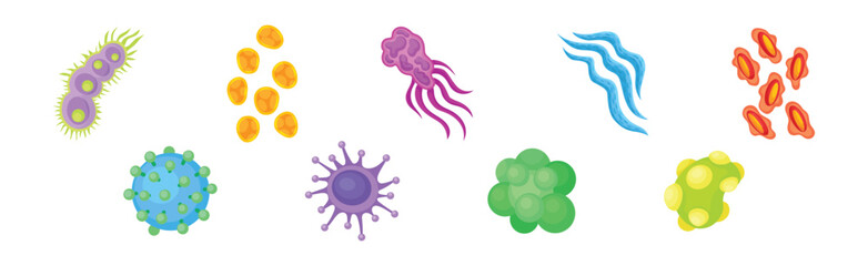 Bacteria and Germs Colorful Microorganisms and Disease Causing Microbe Vector Set