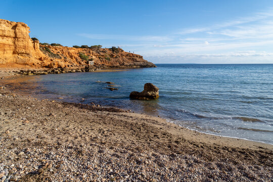 Sa Caleta beach on the island of Ibiza, on a sunny day in the afternoon