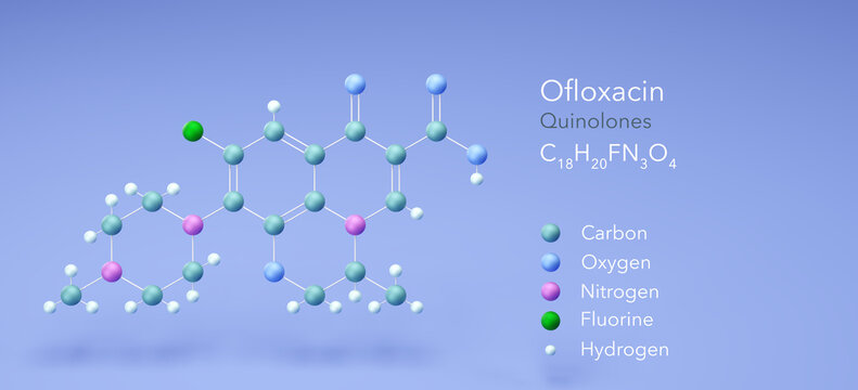 ofloxacin molecule, molecular structures, quinolones, 3d model, Structural Chemical Formula and Atoms with Color Coding