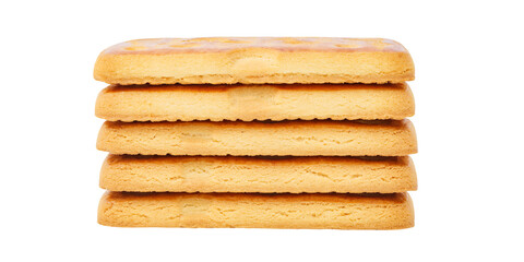 Rectangular sweet cookies five pieces stacked one on one, isolated on white background with clipping path