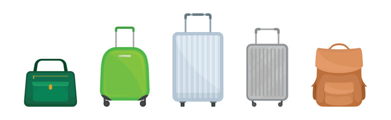 Travel Suitcase with Backpack and Handbag as Packed Luggage for Traveling Vector Set