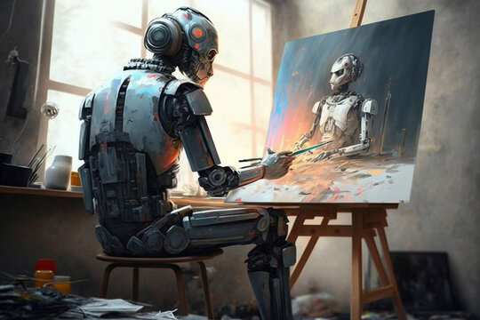 Cyborg Ai robot artist, painting and paints, generative ai
