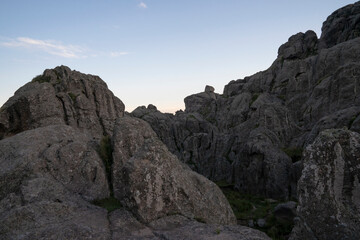 Unique view of the rock massif Los Gigantes in Cordoba, Argentina. View of the hills and rock textures with a beautiful sunset light.