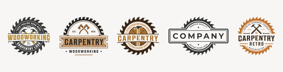 Set Carpentry vintage logo with circular saw blade vector illustration. Bundle professional carpenter logo woodworking badge design with hammer, nails, sawblade, sawmill, axe, and wood cutting vector