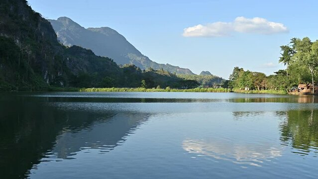 Scenery view of Tham Sao Hin Phayanak reservoir in Mae Sai district of Chiang Rai province of Thailand. An artificial lake where water is collected and kept in quantity for use.