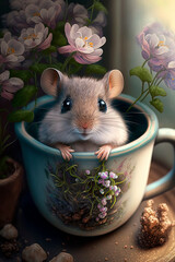 A mouse in a cup with flowers. Generative AI