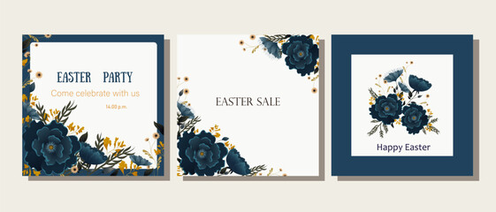 Set of cards with beautiful blue flowers. Wedding cards. Cute postcards with flowers