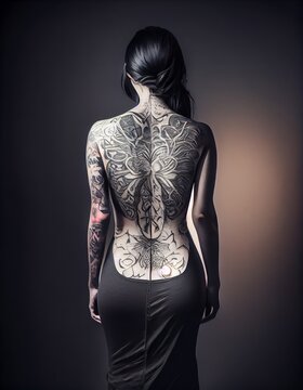 A tattooed womans sculpted full body from behind image generative AI