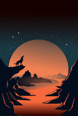 Heulender Wolf auf einem Felsen vor atemberaubender Kulisse mit Mond