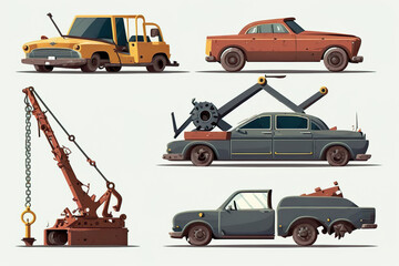 Naklejka premium Opened used cars icons set. A junkyard is a site for scrapped cars. AI generated illustration.