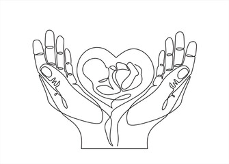 Continuous one line drawing of heart with newborn, unborn child baby inside in hands. Concept of protect child, this can also used for test tube baby, save child.