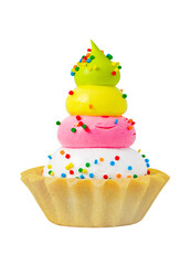 Cake basket tart with three-layer multicolored custard sweet sprinkles side view isolated on white background with clipping path