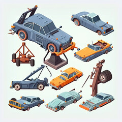 Naklejka premium Opened used cars icons set. A junkyard is a site for scrapped cars. AI generated illustration.