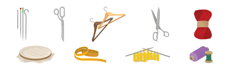 Sewing and Tailoring Accessories with Pair of Scissors, Needles, Hanger, Measuring Tape and Yarn Vector Set