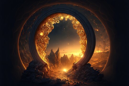 Beautiful fantasy portals to unknown worlds in golden hues AI