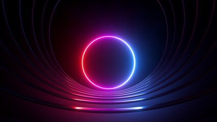 3d render, abstract simple geometric background with glowing neon round shape. Red pink blue laser ring inside the dark tunnel