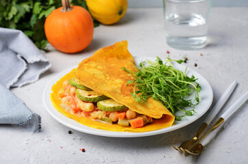 Pumpkin Crepe with Vegetable Filling, Tasty Homemade Lunch or Breakfast