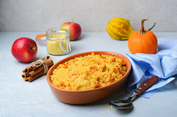 Millet Casserole with Pumpkin, Apples, and Cinnamon, Homemade Breakfast or Snack, Healthy Eating